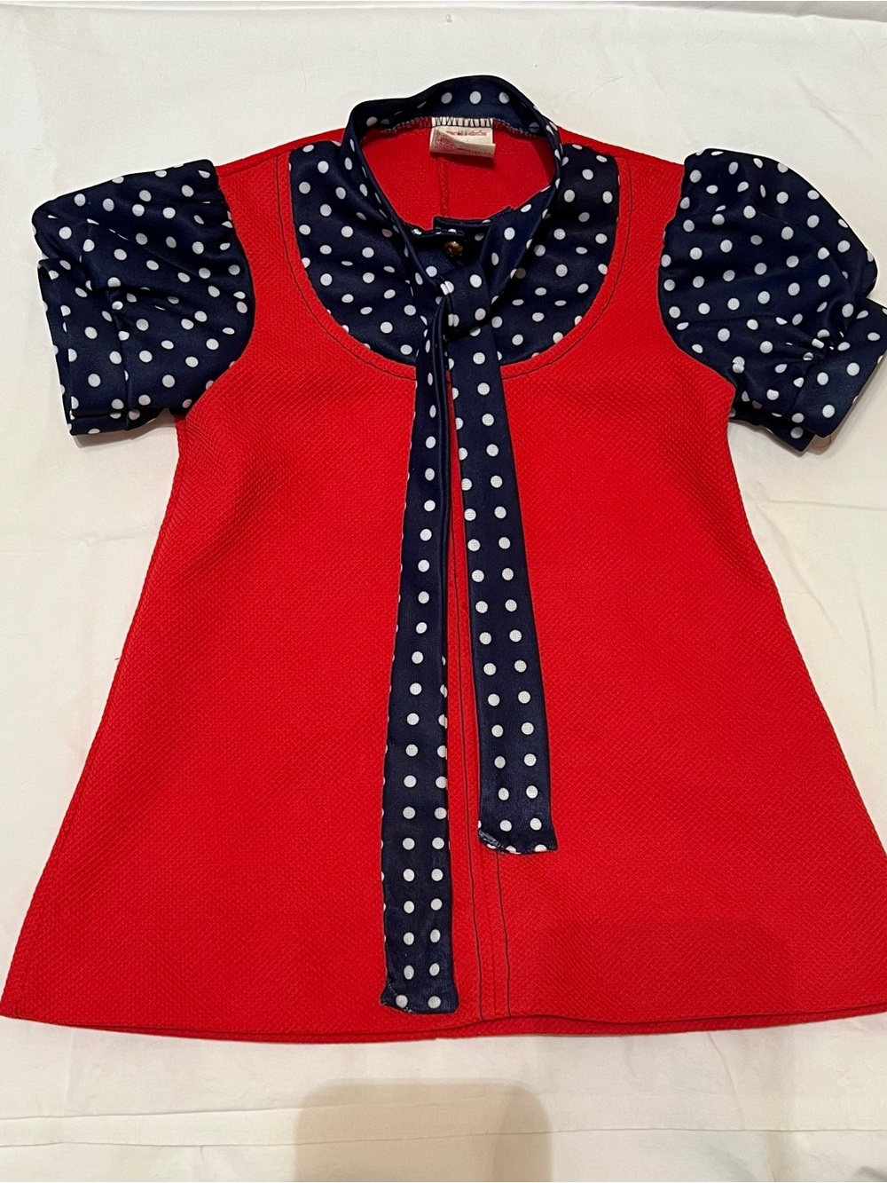 Vintage Love Red Dress with Navy with White Polka Dot Collar and Puff Sleeves